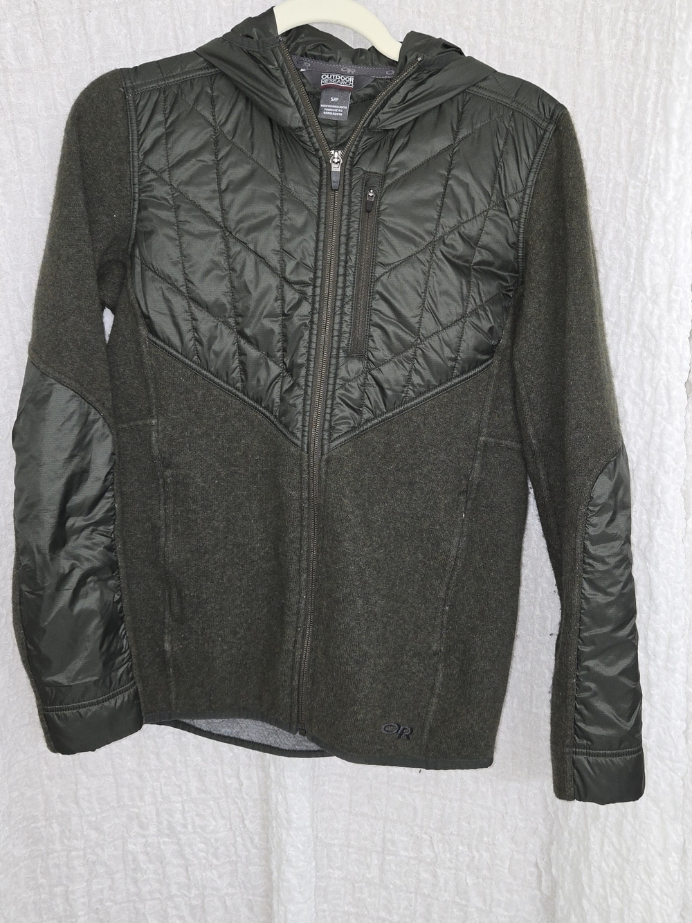 Outdoor Research Size Small Olive Quilted Mixed Media Hooded Jacket